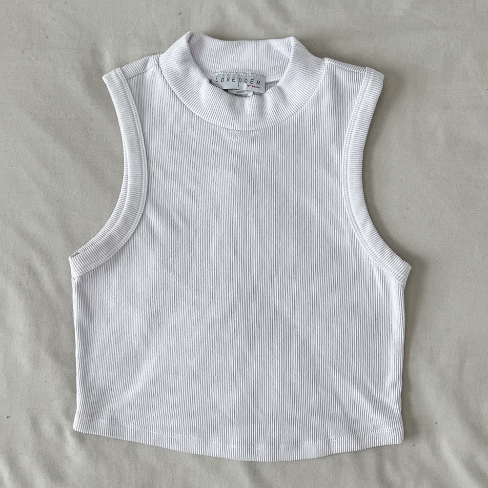 White Ribbed Cropped Mock-Neck Tank